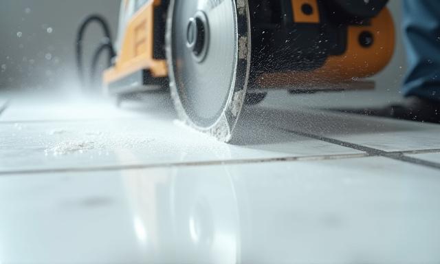 Wet saw cutting a porcelain tile