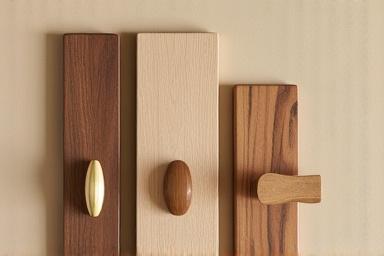 Close up of artisanal hardware and sustainable wood samples